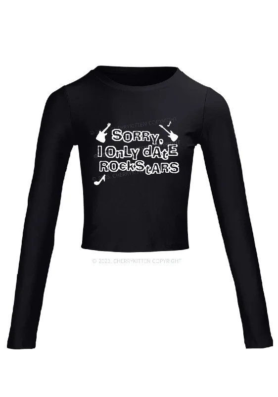 Only Date Rockstars Guitars Long Sleeve Crop Top Cherrykitten