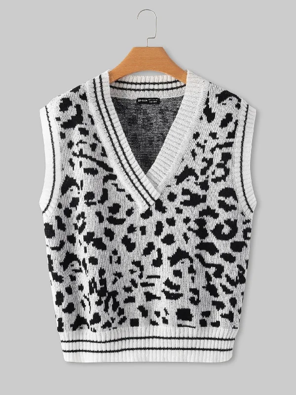 Casual Leopard Sleeveless V Neck Regular Women Knit Top