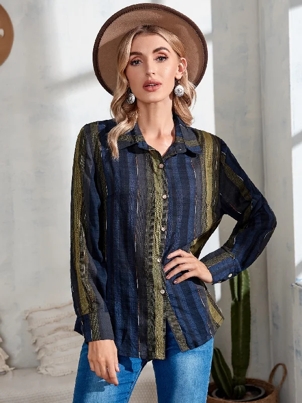 Casual Striped Button Front Long Sleeve Collar Regular Blouse