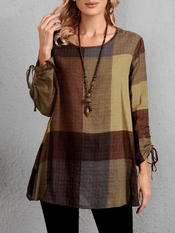 Casual Plaid Drawstring Long Sleeve Scoop Neck Long Blouse