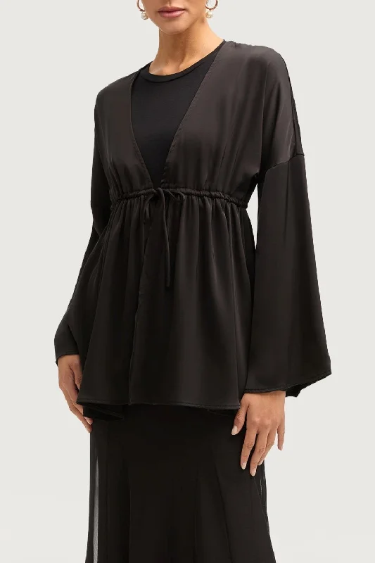 Samia Satin Tie Front Top - Black