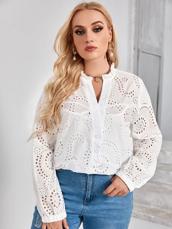 Plain Eyelet Embroidery Long Sleeve Notched Long Plus Size Blouse