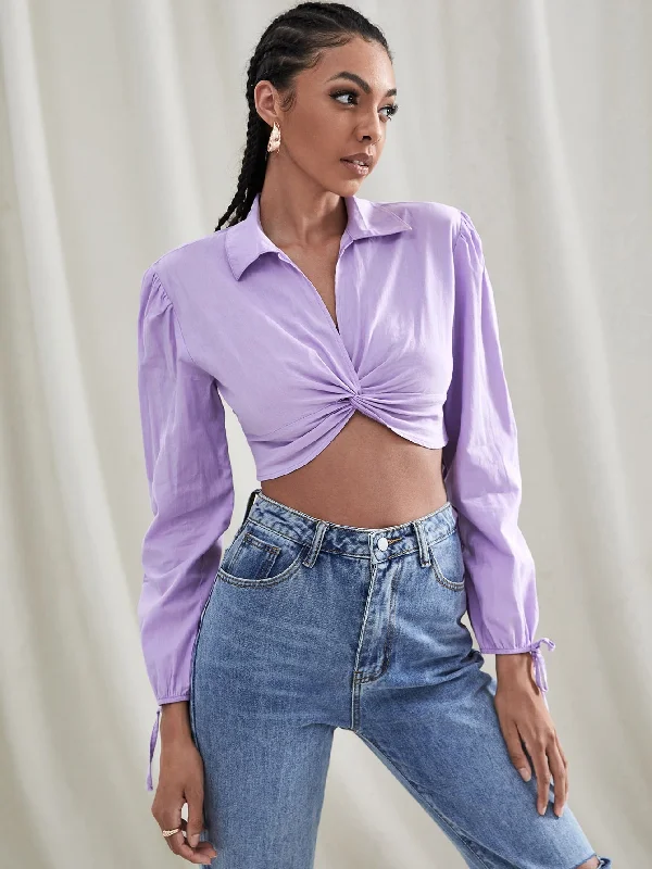 Glamorous Plain Twist Long Sleeve Collar Asymmetrical Crop Blouse