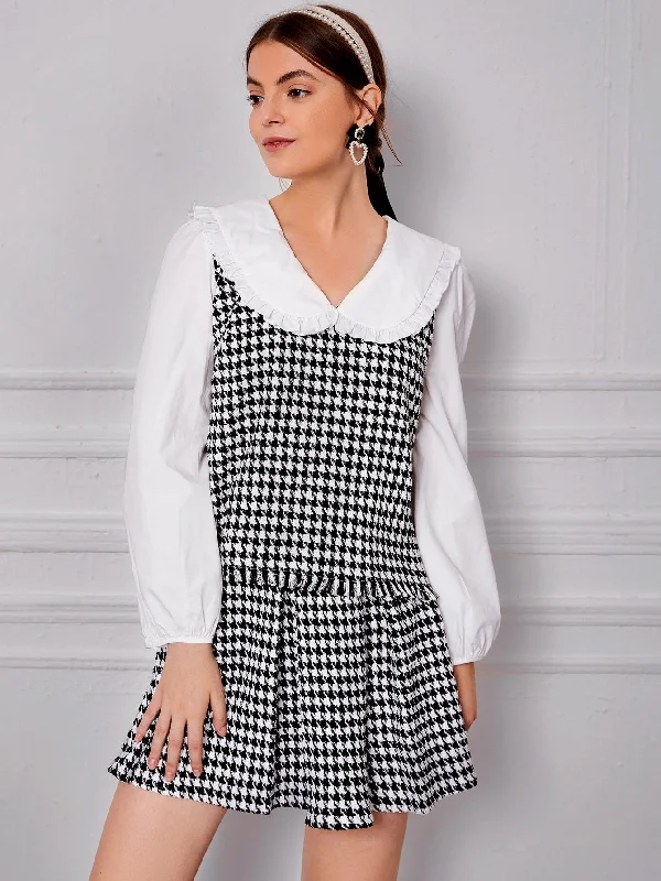 Preppy Houndstooth Frill Long Sleeve Peter Pan Collar Regular Blouse