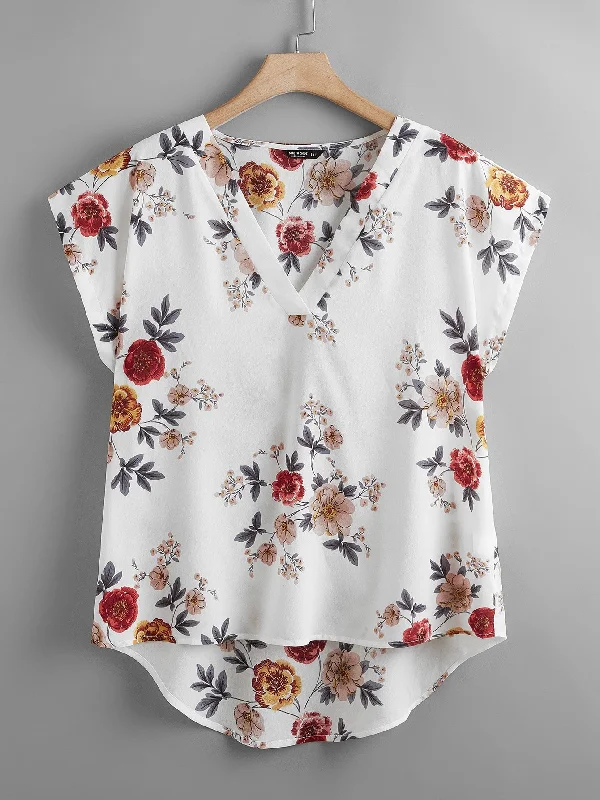 Floral High Low Cap Sleeve V Neck Asymmetrical Regular Plus Size Blouse