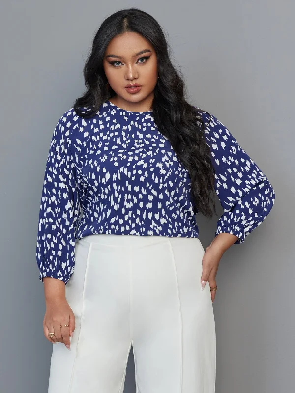 All Over Print Button Three Quarter Length Sleeve Round Neck Regular Plus Size Blouse