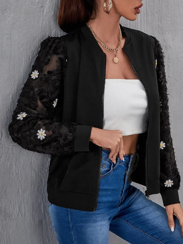 Casual Floral Zipper Long Sleeve Baseball Collar Regular Women Jacket