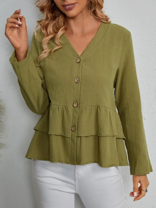 Cute Plain Button Front Long Sleeve V Neck Regular Blouse