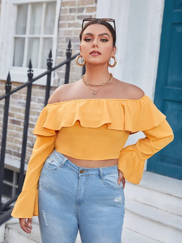 Boho Plain Ruffle Long Sleeve Off The Shoulder Crop Plus Size Blouse