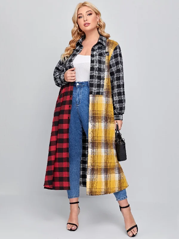 Tartan Button Front Long Sleeve Collar Long Plus Size Blouse