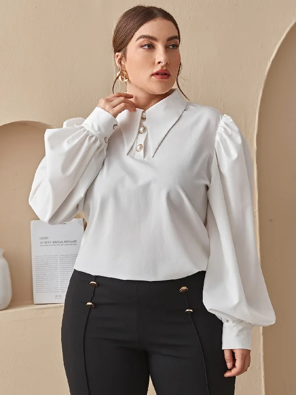 Plain Button Front Long Sleeve Collar Regular Plus Size Blouse