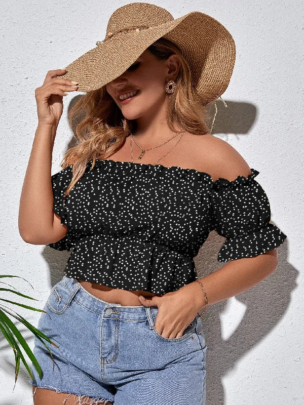 All Over Print Ruffle Hem Short Sleeve Off The Shoulder Flared Crop Plus Size Blouse