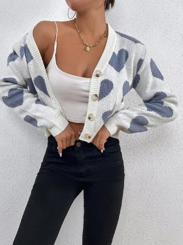 Casual Heart Button Front Long Sleeve V Neck Crop Women Cardigan