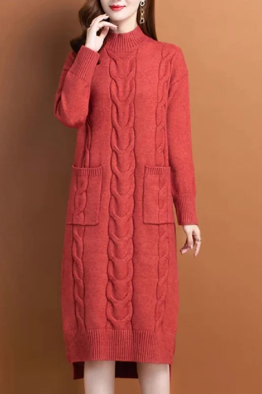 Slit Cable Knit Wool Dress