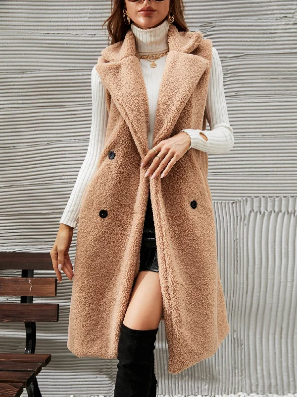 Casual Plain Double Button Sleeveless Lapel Midi Women Coat