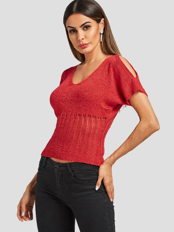 Custom Cold Shoulder Random Ripped Cut Out Short Sleeve Red Top