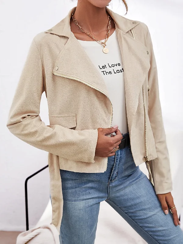 Casual Plain Zipper Long Sleeve Lapel Regular Women Jacket