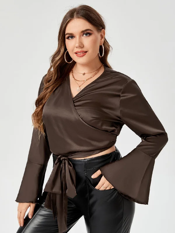 Plain Wrap Long Sleeve V Neck Crop Plus Size Blouse