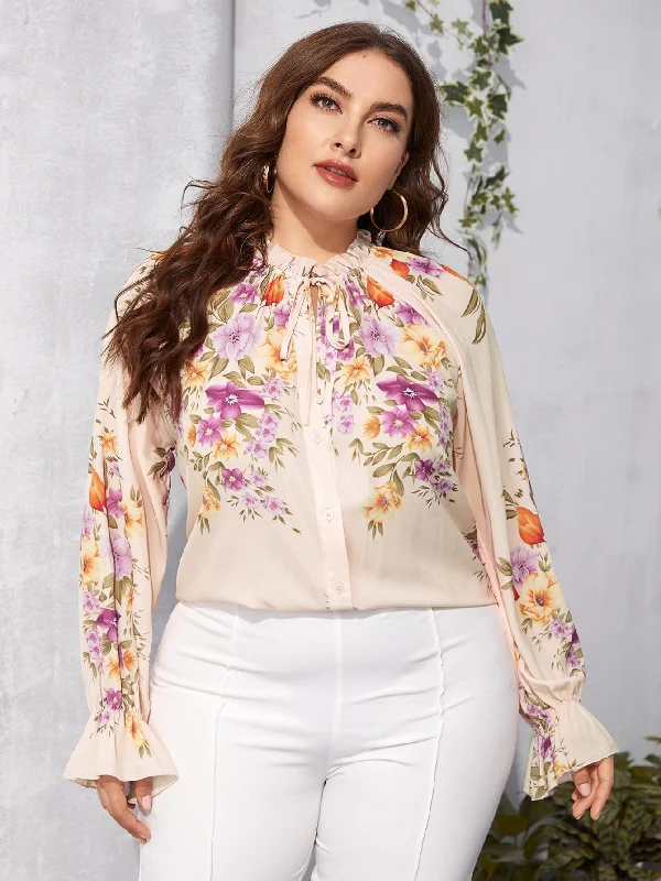 Floral Frill Long Sleeve Tie Neck Regular Plus Size Blouse