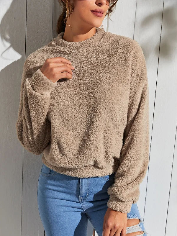 Casual Plain Long Sleeve Stand Collar Crop Women Sweatshirt