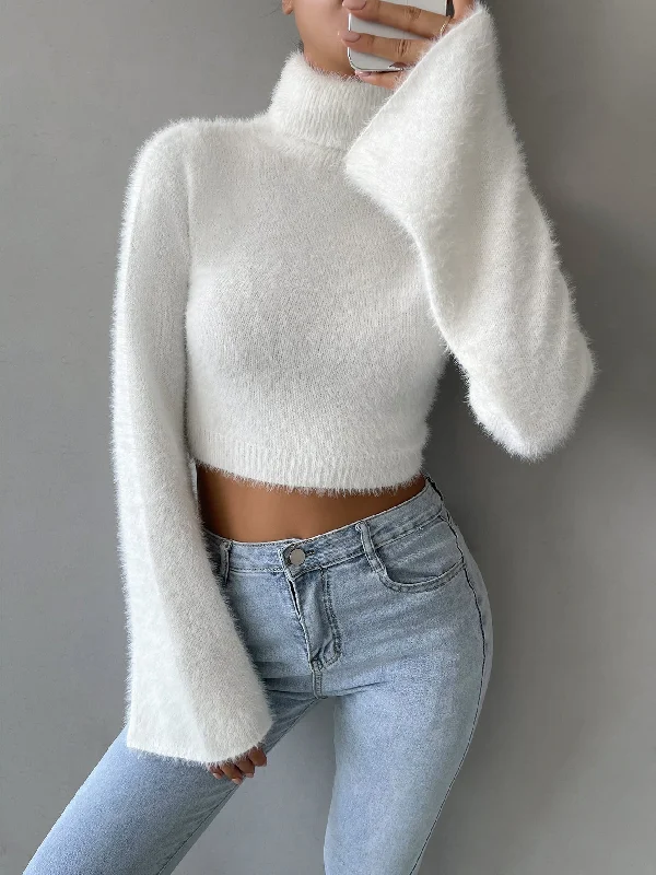 Casual Plain Long Sleeve High Neck Crop Women Sweater