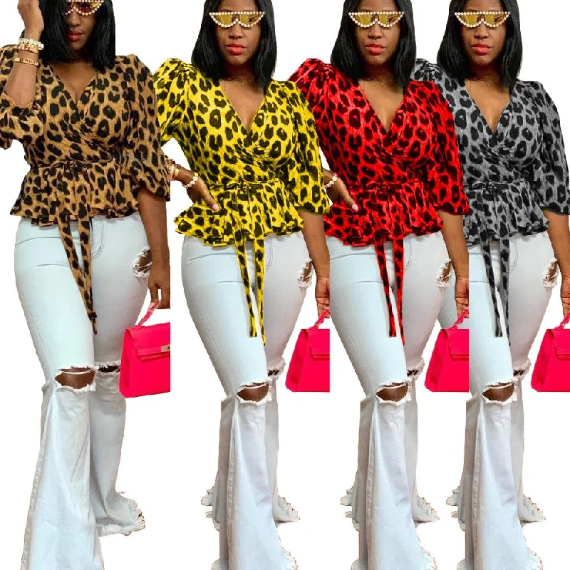 YK7090 - women stylish leopard print v neck t shirt