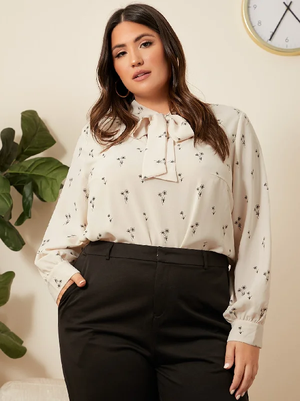 All Over Print Long Sleeve Tie Neck Regular Plus Size Blouse