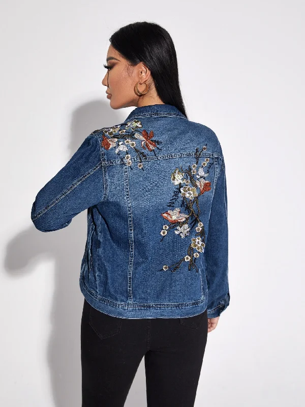 Casual Floral Button Long Sleeve Collar Regular Women Denim Jacket & Coat