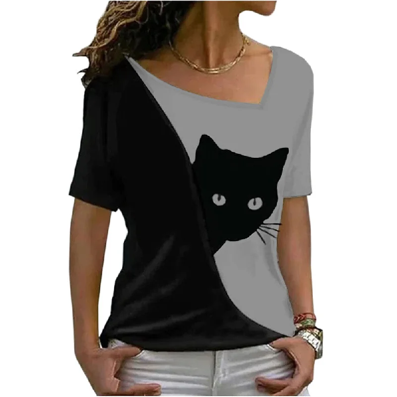 Casual Cat Print Diagonal Neck Tops Short Sleeve Womens T Shirts Wholesale