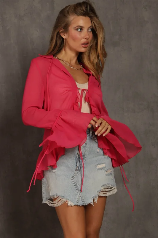 Paris Sheer Ruffle Tie Blouse