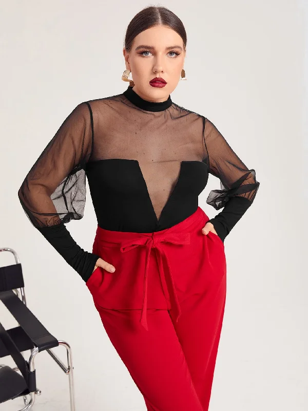 Plain Contrast Mesh Long Sleeve Stand Collar Regular Plus Size Women Top