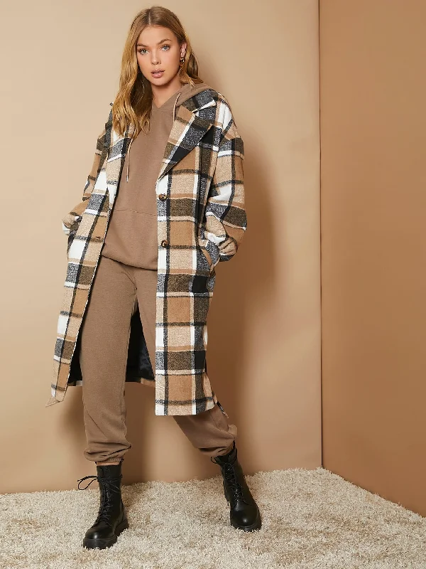 Plaid Belted Long Sleeve Lapel Midi Women Overcoat