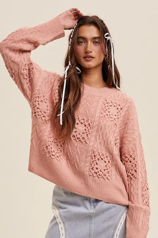 La Vie Floral Crochet Knit Sweater