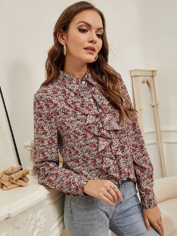 Elegant Ditsy Floral Button Front Long Sleeve Collar Regular Blouse