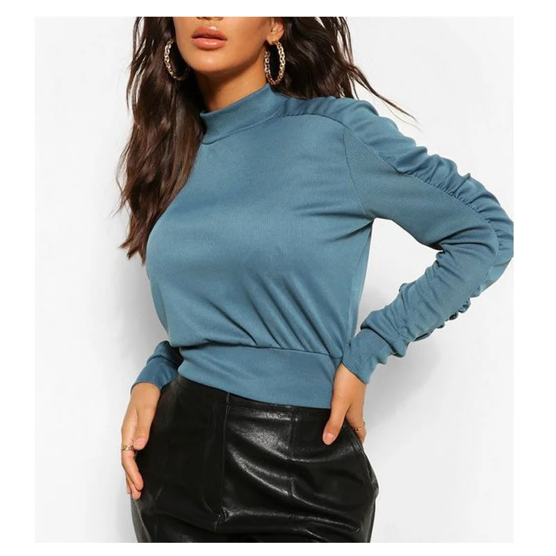 ZC00903 2021 Fashion Wear Ladies Elegant Ruched Long Sleeve O-Neck Blouses Shirt Crop Top