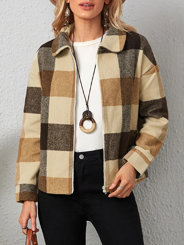 Casual Plaid Zipper Long Sleeve Collar Regular Women Coat