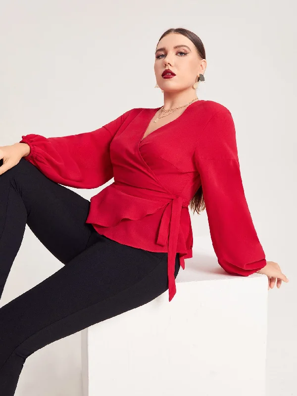 Glamorous Plain Wrap Long Sleeve Flared Regular Plus Size Blouse