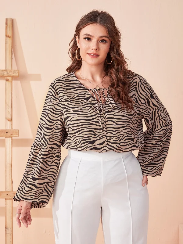 Zebra Stripe Tie Front Long Sleeve Tie Neck Long Plus Size Blouse