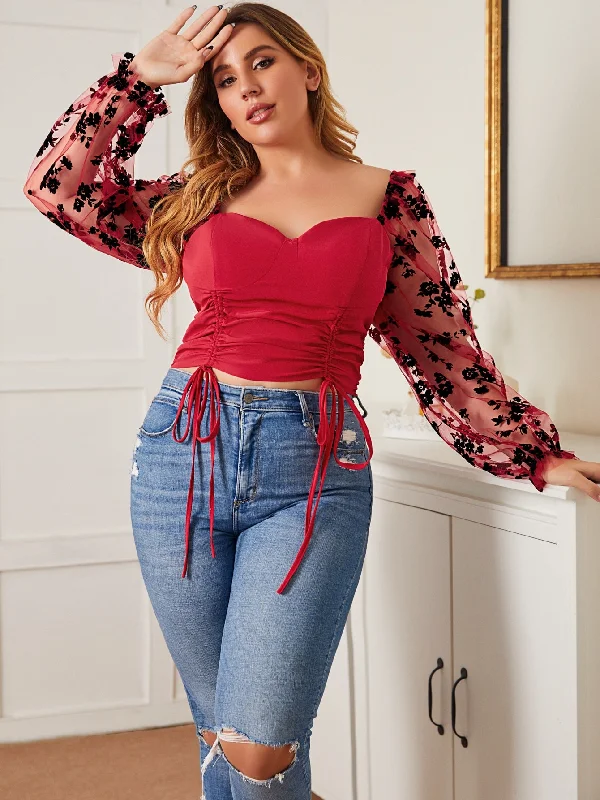 Floral Zipper Long Sleeve Sweetheart Crop Plus Size Blouse