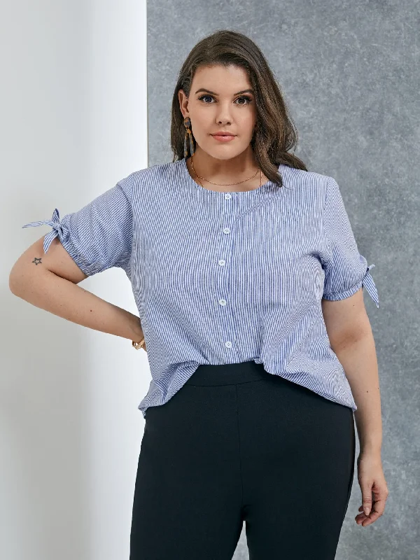 Striped Button Front Short Sleeve Round Neck Regular Plus Size Blouse