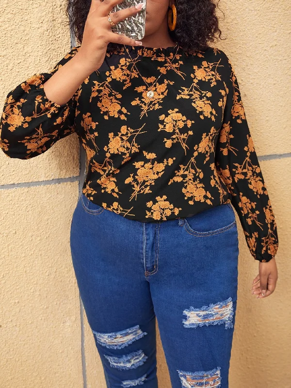 All Over Print Frill Long Sleeve Round Neck Regular Plus Size Blouse