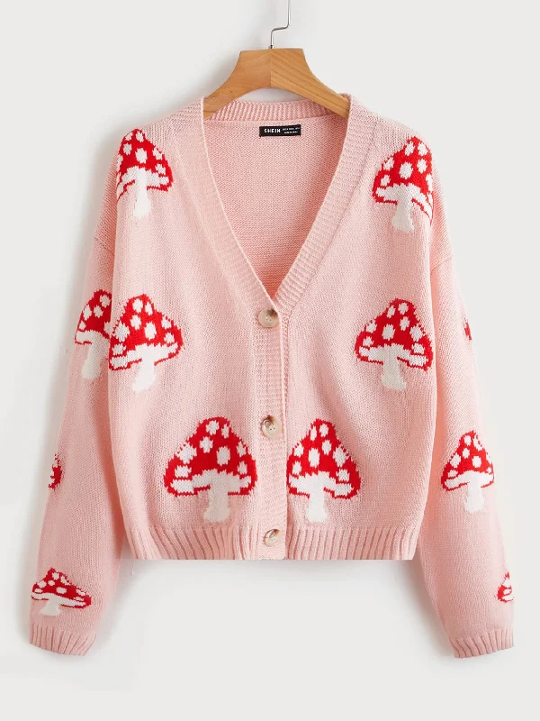 Casual Graphic Button Long Sleeve V Neck Regular Women Cardigan