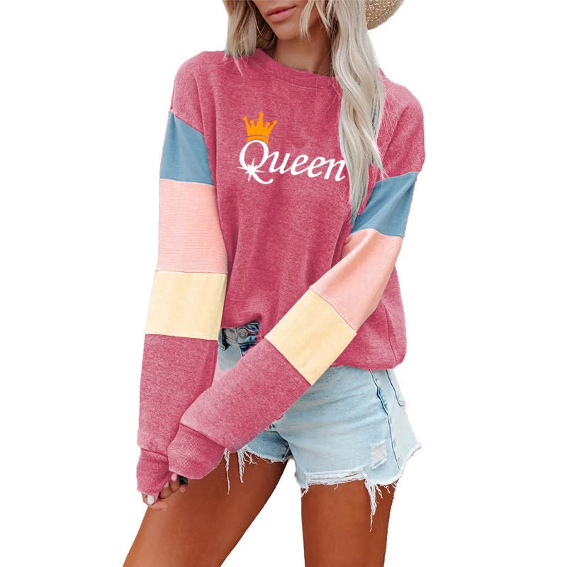 Patchwork Fashion Women Sweatshirt Casual Long Sleeve Pullover Queen Print Crewneck Women logo hoodie  Sweatshirt