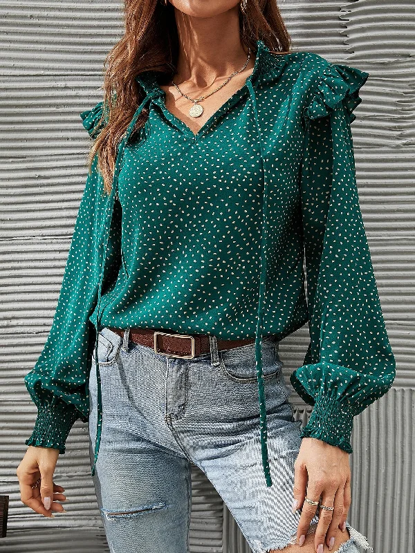 Casual All Over Print Ruffle Long Sleeve Tie Neck Regular Blouse