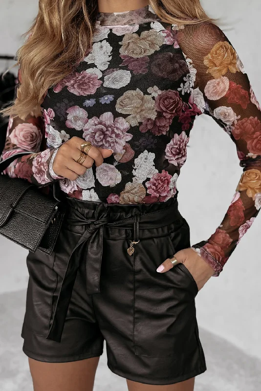 Pink Mesh Floral Print Long Sleeve Slim Top