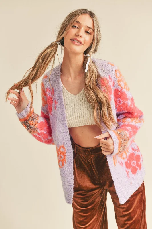 Oversized Floral Fuzzy Cardigan