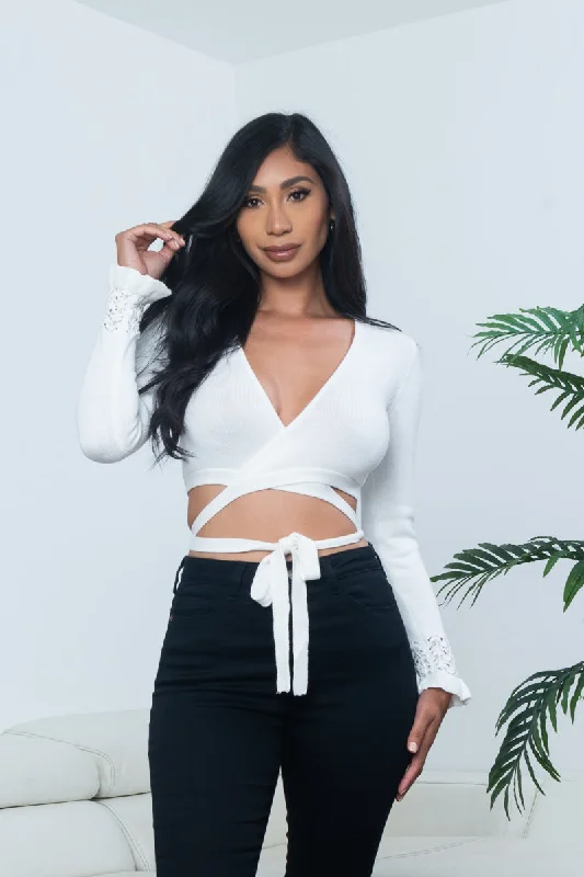 'Classy Chic'Knit Surplice Wrap Crop Top with Extended Waist Ties and Lettuce Hem Cuffed Long Sleeves in Off White* (LT16628-FCI)