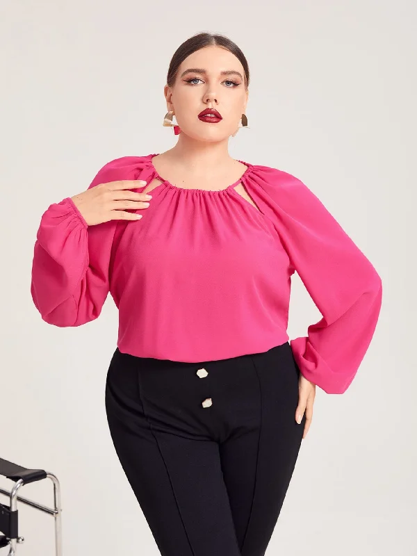 Elegant Plain Cut Out Long Sleeve Round Neck Pleated Regular Plus Size Blouse