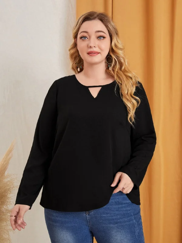 Elegant Plain Cut Out Long Sleeve Keyhole Neckline Regular Plus Size Blouse