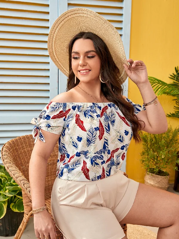 All Over Print Knot Short Sleeve Off The Shoulder Regular Plus Size Blouse